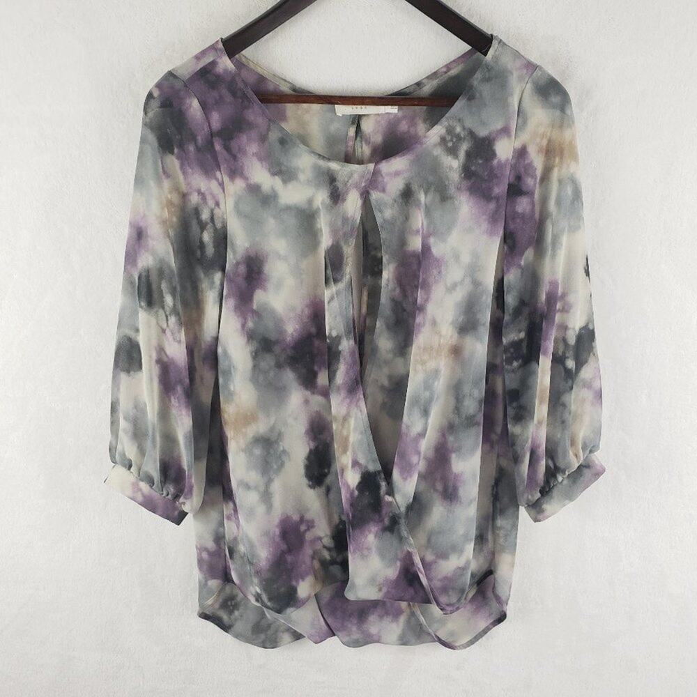 Lush Pullover Top Women S Purple Grey Green Sheer Watercolor Floral Keyhole 3/4